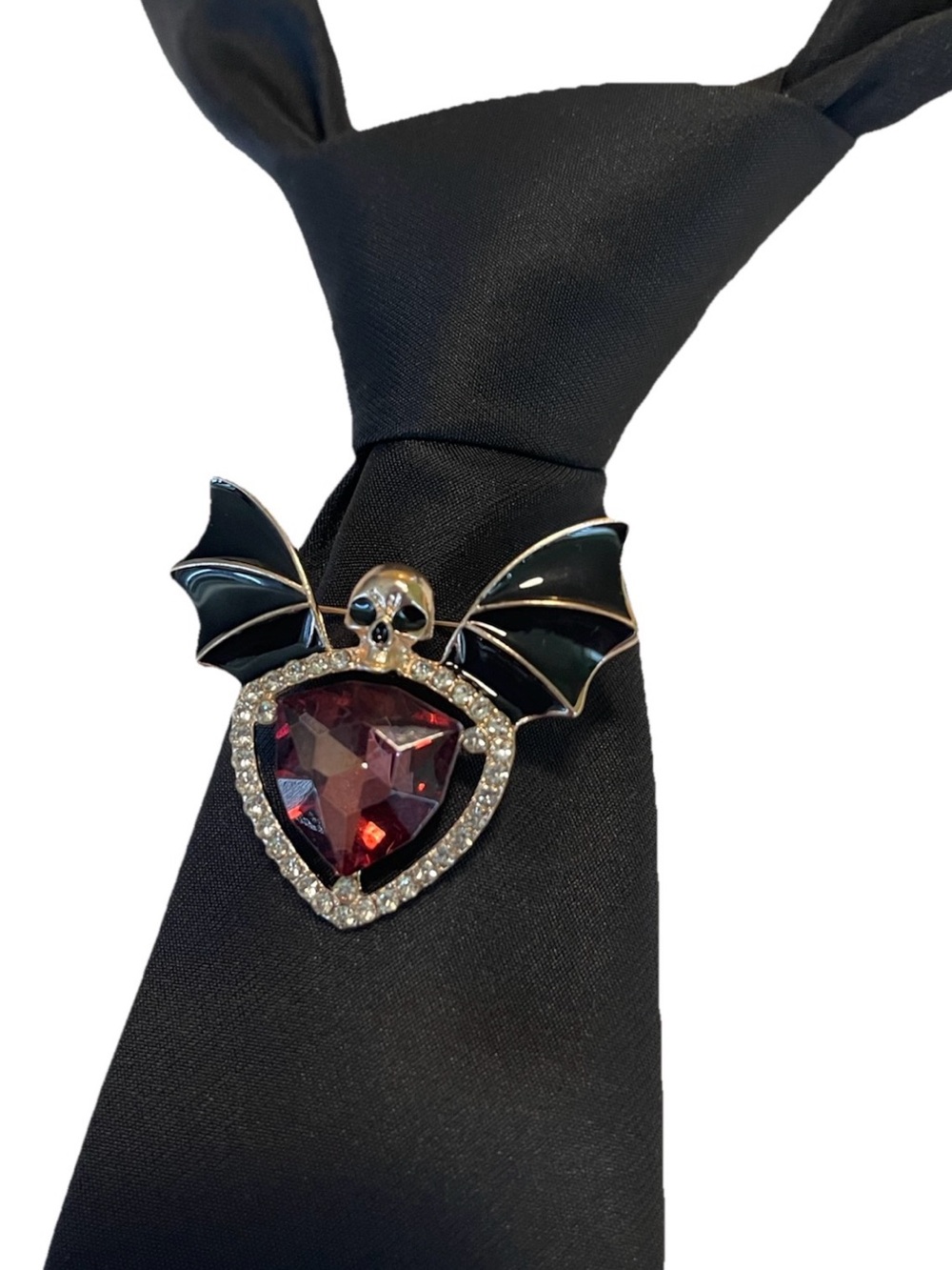 Men’s Black Tie With Skull Bat Brooch Unique Goth